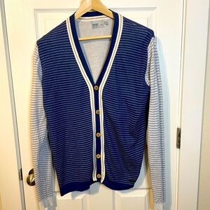 WESC blue & white dot striped button down knit cardigan sz L contrasting sleeves